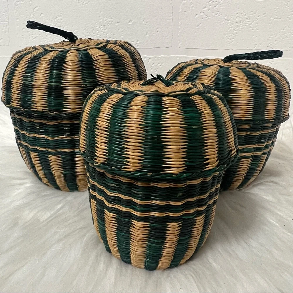 Vintage Bohemian Retro Cottagecore Rustic Striped Woven 3 Nesting Baskets